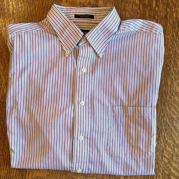 3/$15 CHAPS MENS DRESS SHIRT WHITE w/BLUE/RED STRIPES WRINKLE FREE 17-1/2x36/37 - Picture 3 of 9